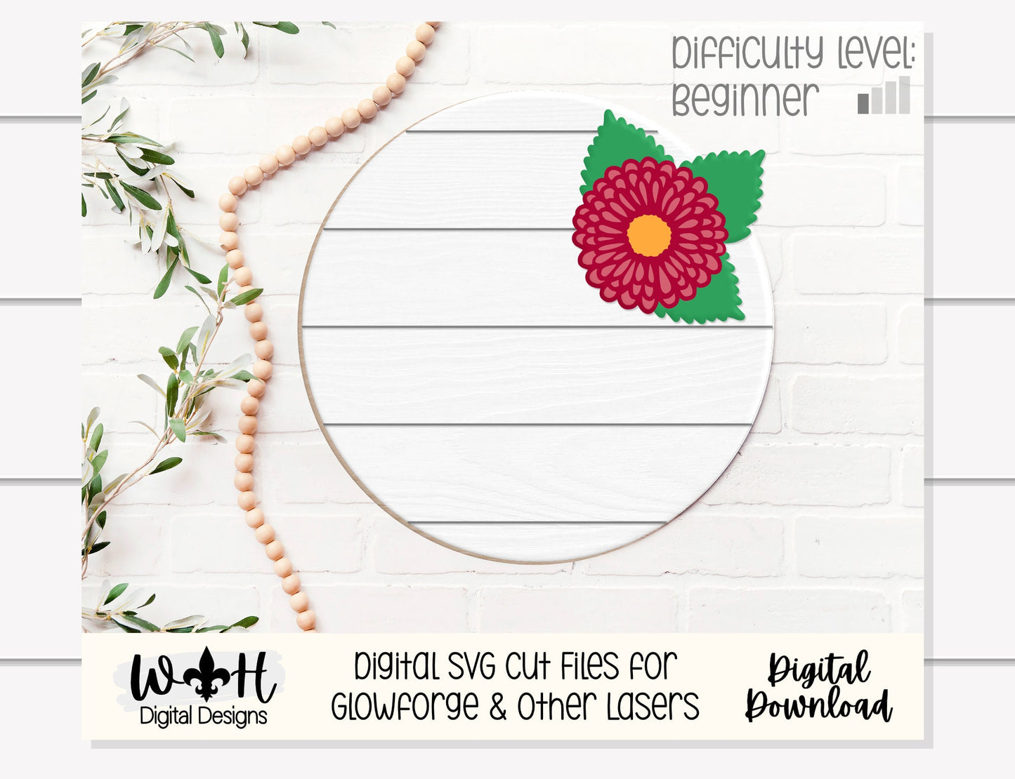 Dahlia Simple Floral Shelf Sitter Sign - Round Sign Making and DIY Kits - Beginner Cut File For Glowforge Lasers - Digital SVG File