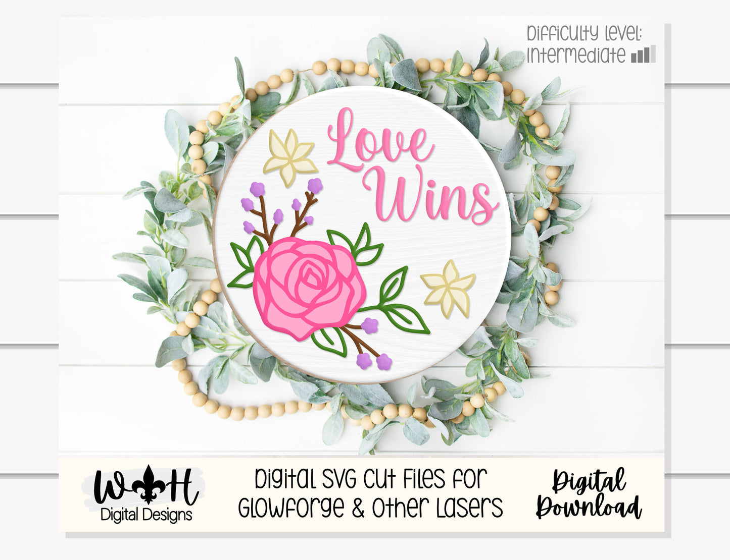 Love Wins Rose Valentines Round Sign - Spring Floral Sign Making and DIY Kits - Single Line Cut File For Glowforge Laser - Digital SVG File