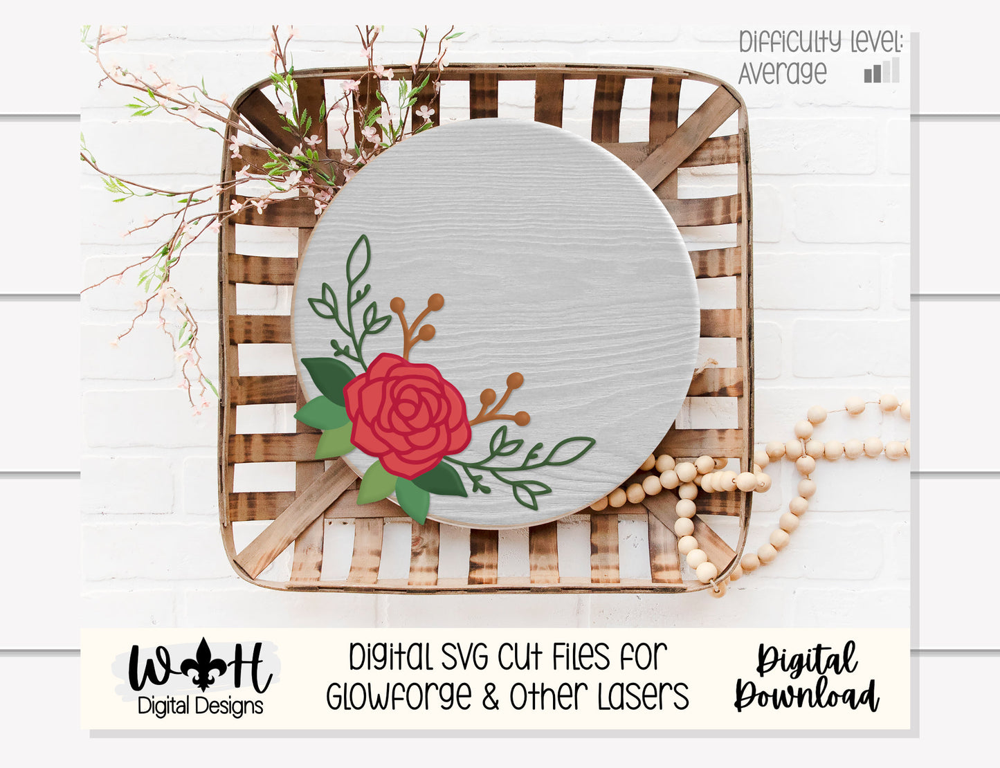 Minimal Rose and Greenery Door Hanger - Spring Floral Sign Making and DIY Kits - Single Line Cut File For Glowforge Laser - Digital SVG File