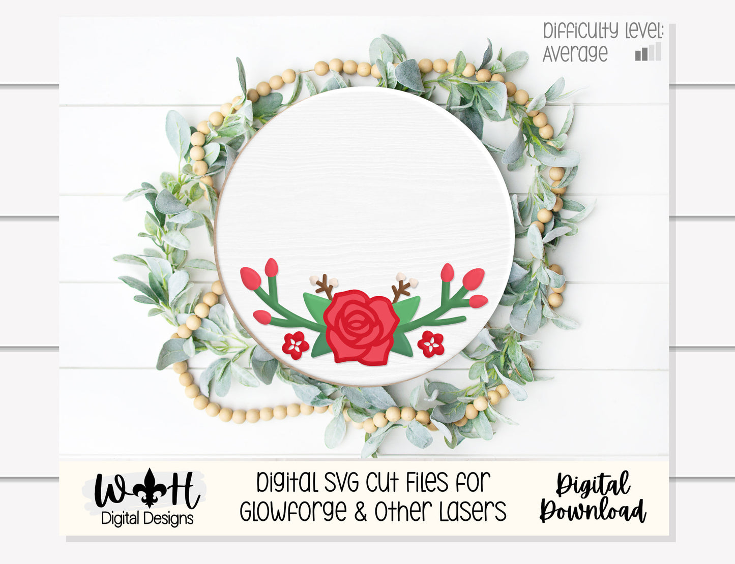 Spring Rose and Rosebud Door Hanger Round - Spring Floral Sign Making and DIY Kits - Cut File For Glowforge Laser - Digital SVG File