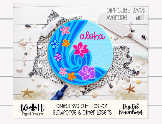 Aloha Waterfall Door Hanger Round - Summer Floral Sign Making and DIY Kits - Single Line Cut File For Glowforge Laser - Digital SVG File