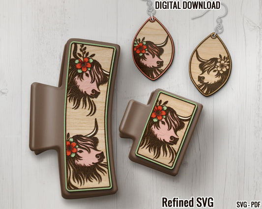 Highland Cow with Flower Hair Clips, Matching Earring SVG File Set, Western Hair Clip Files + Earring SVG Files, Claw Hair Clip Laser Set