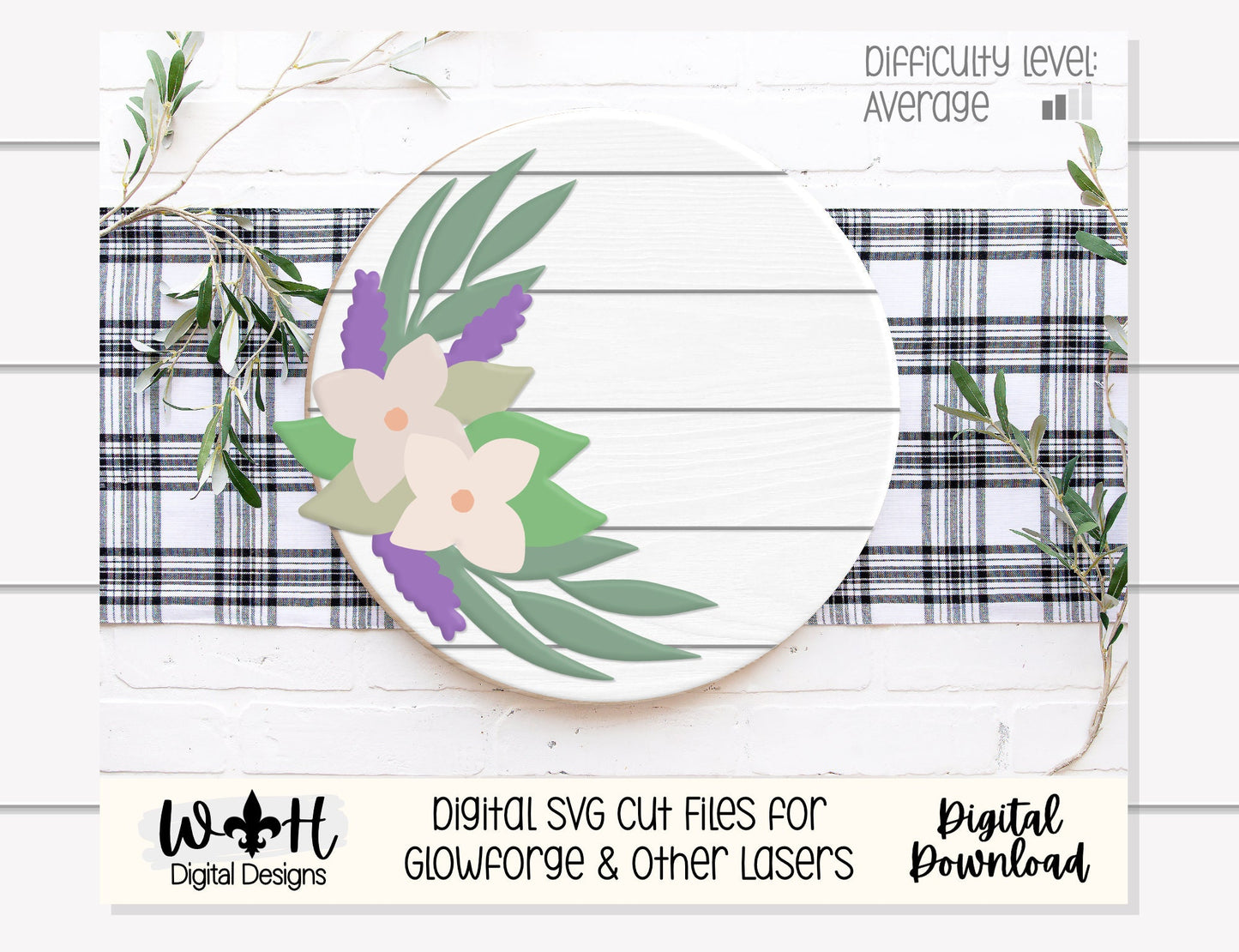 Lavender and Sage Farmhouse Floral Round - Spring Sign Making and DIY Kits - Single Line Cut File For Glowforge Laser - Digital SVG File