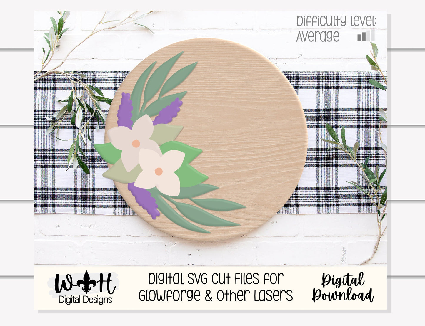 Lavender and Sage Farmhouse Floral Round - Spring Sign Making and DIY Kits - Single Line Cut File For Glowforge Laser - Digital SVG File