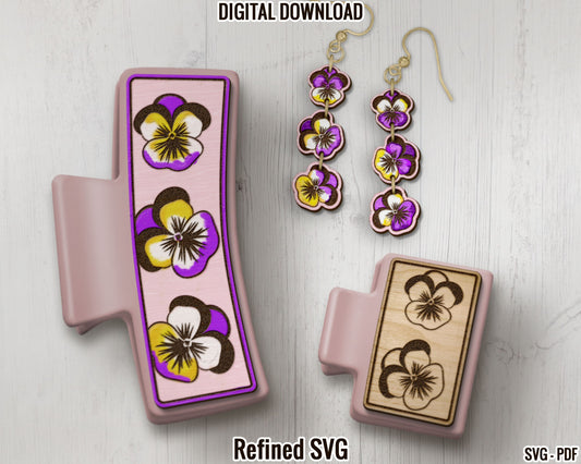 Flowers Hair Clips + Matching Pansy Earring SVG File Set, Floral 2 Hair Clip Files + Earring SVG Files, Pansy Claw Hair Clip Laser Design