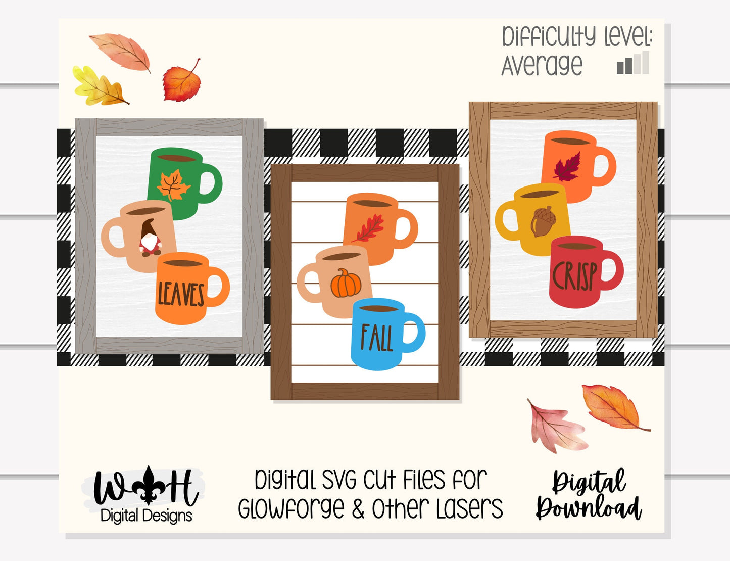 Fall Stacked Coffee Mugs Farmhouse Frame Sign Bundle - Tiered Tray Decor and DIY Kits - Cut File For Glowforge Lasers - Digital SVG File