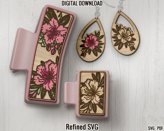 Rhododendron Hair Clips SVG File, Matching Rhododendron Earring File Set, Claw Clip SVG, Hair Clip File, West Virginia State Flower File