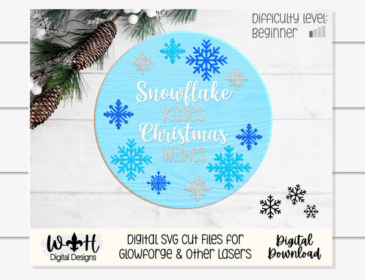 Snowflake Kisses Christmas Wishes Winter Door Hanger Round - Sign Making and DIY Kits - Cut File For Glowforge Lasers - Digital SVG File