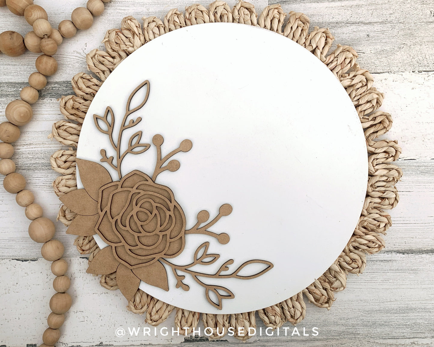 Minimal Rose and Greenery Door Hanger - Spring Floral Sign Making and DIY Kits - Single Line Cut File For Glowforge Laser - Digital SVG File