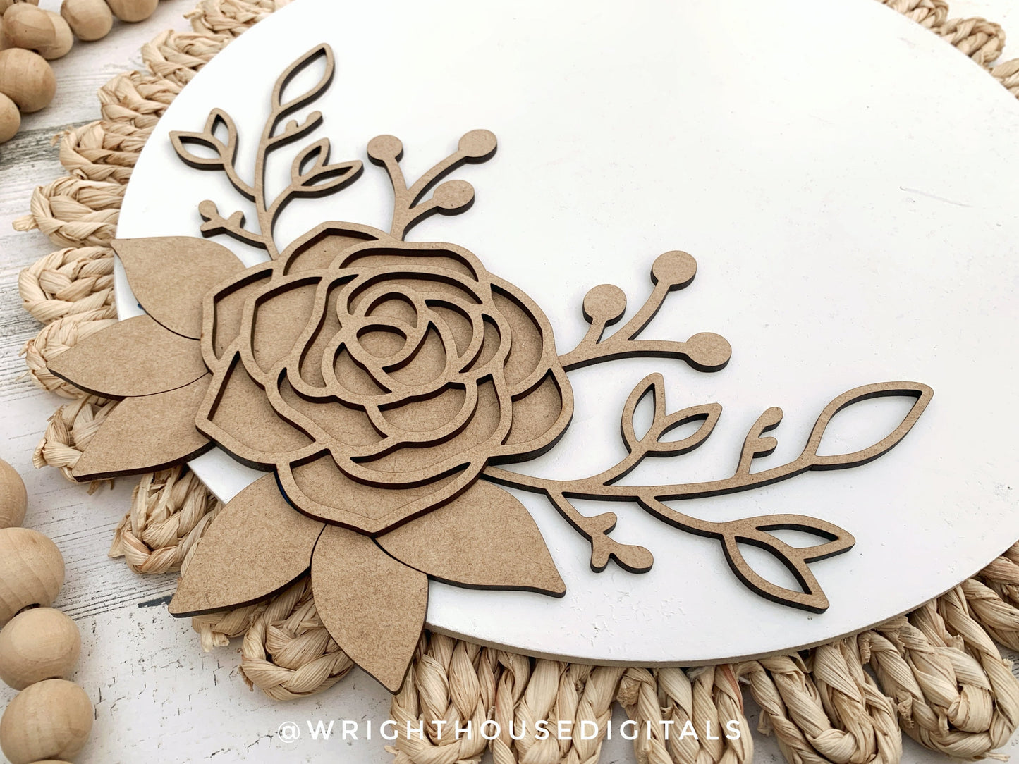 Minimal Rose and Greenery Door Hanger - Spring Floral Sign Making and DIY Kits - Single Line Cut File For Glowforge Laser - Digital SVG File