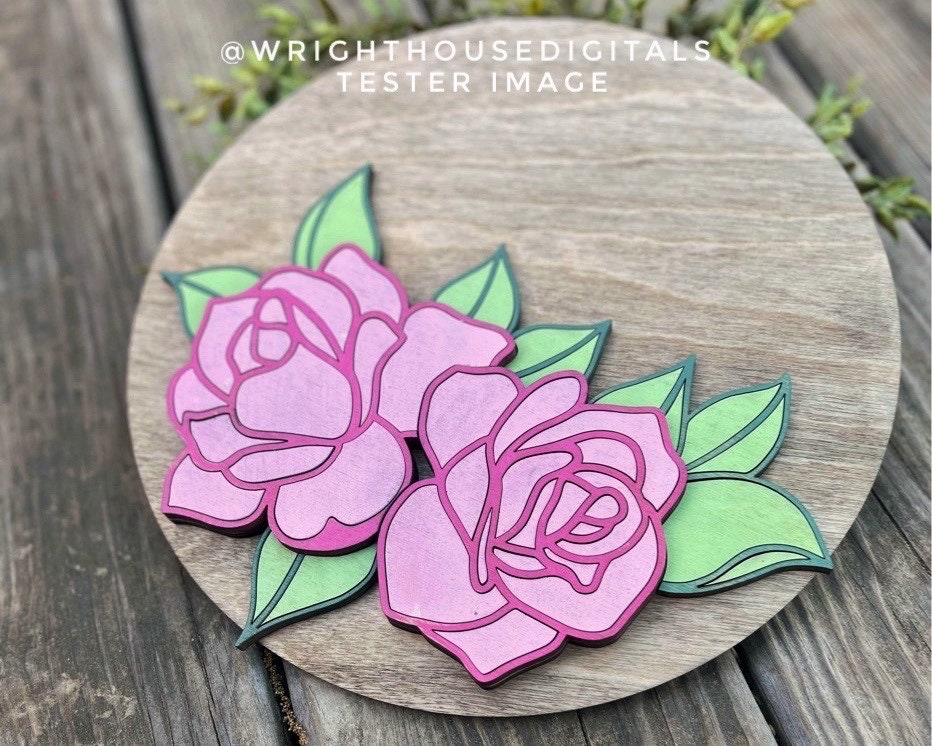 Thin Double Roses Door Hanger - Spring Floral For Sign Making and DIY Kits - Single Line Cut File For Glowforge Laser - Digital SVG File