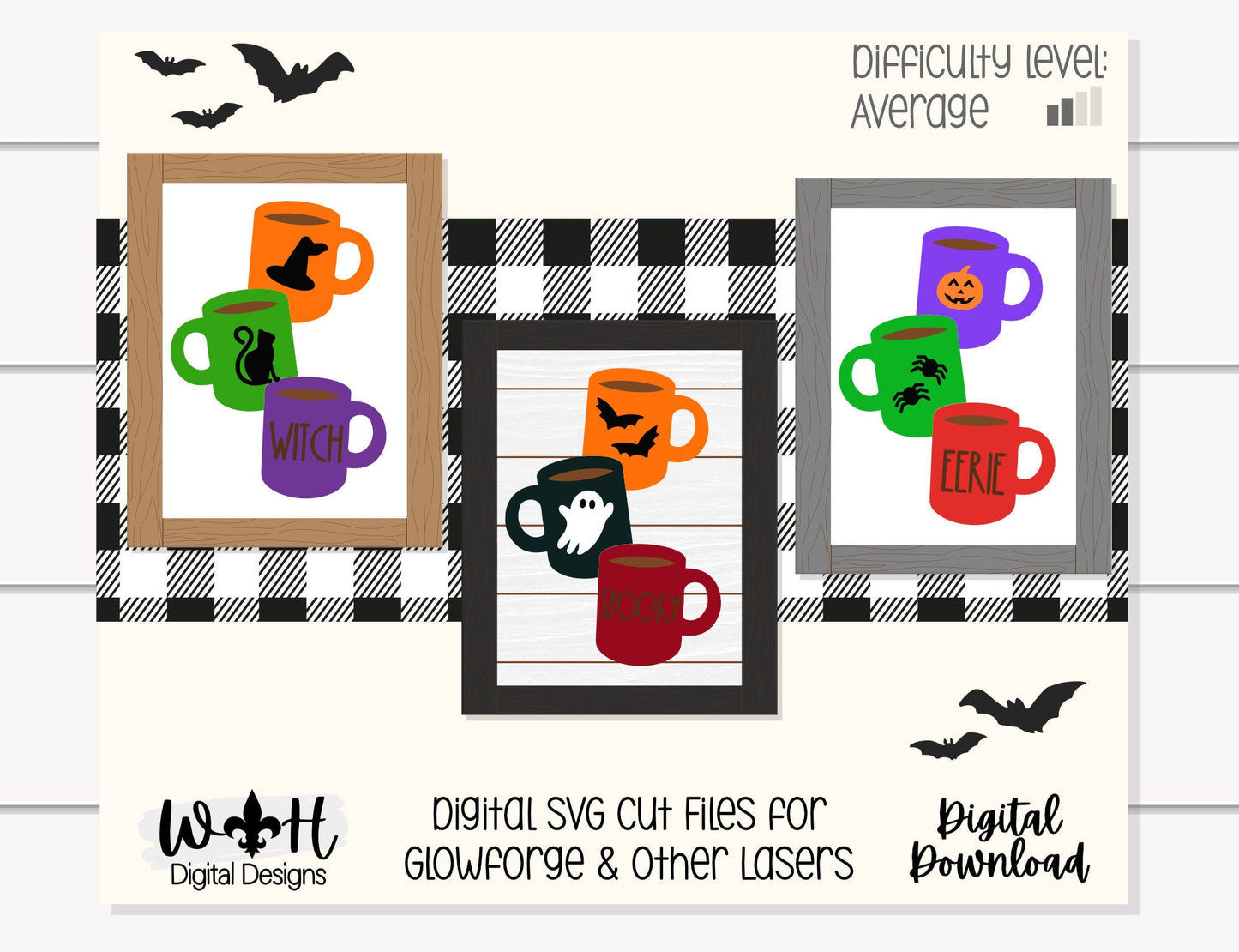 Halloween Stacked Coffee Mugs Farmhouse Frame Sign Bundle - Tiered Tray Decor and DIY Kits - Cut File For Glowforge Laser - Digital SVG File