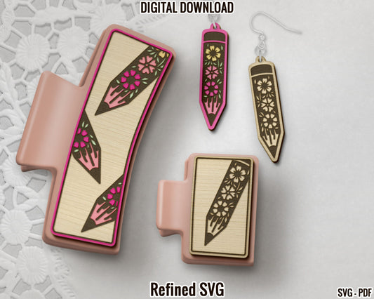 Pencil Hair Clips SVG File, Matching Pencil Earring File Set, Teacher Claw Clip SVG, Writer Hair Clip Laser File, Pencil Hair Claw Template
