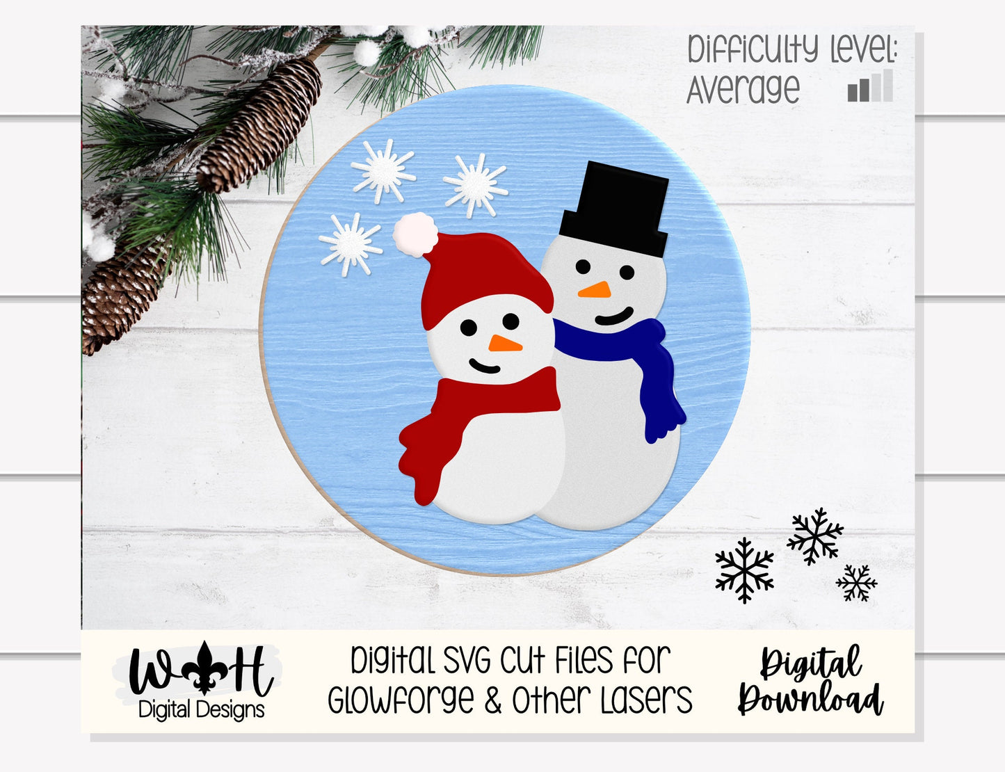 Snowman Winter Snow Friends Door Hanger Round - Seasonal Sign Making and DIY Kits - Cut File For Glowforge Lasers - Digital SVG File