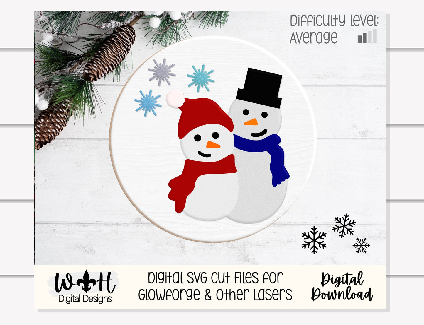 Snowman Winter Snow Friends Door Hanger Round - Seasonal Sign Making and DIY Kits - Cut File For Glowforge Lasers - Digital SVG File