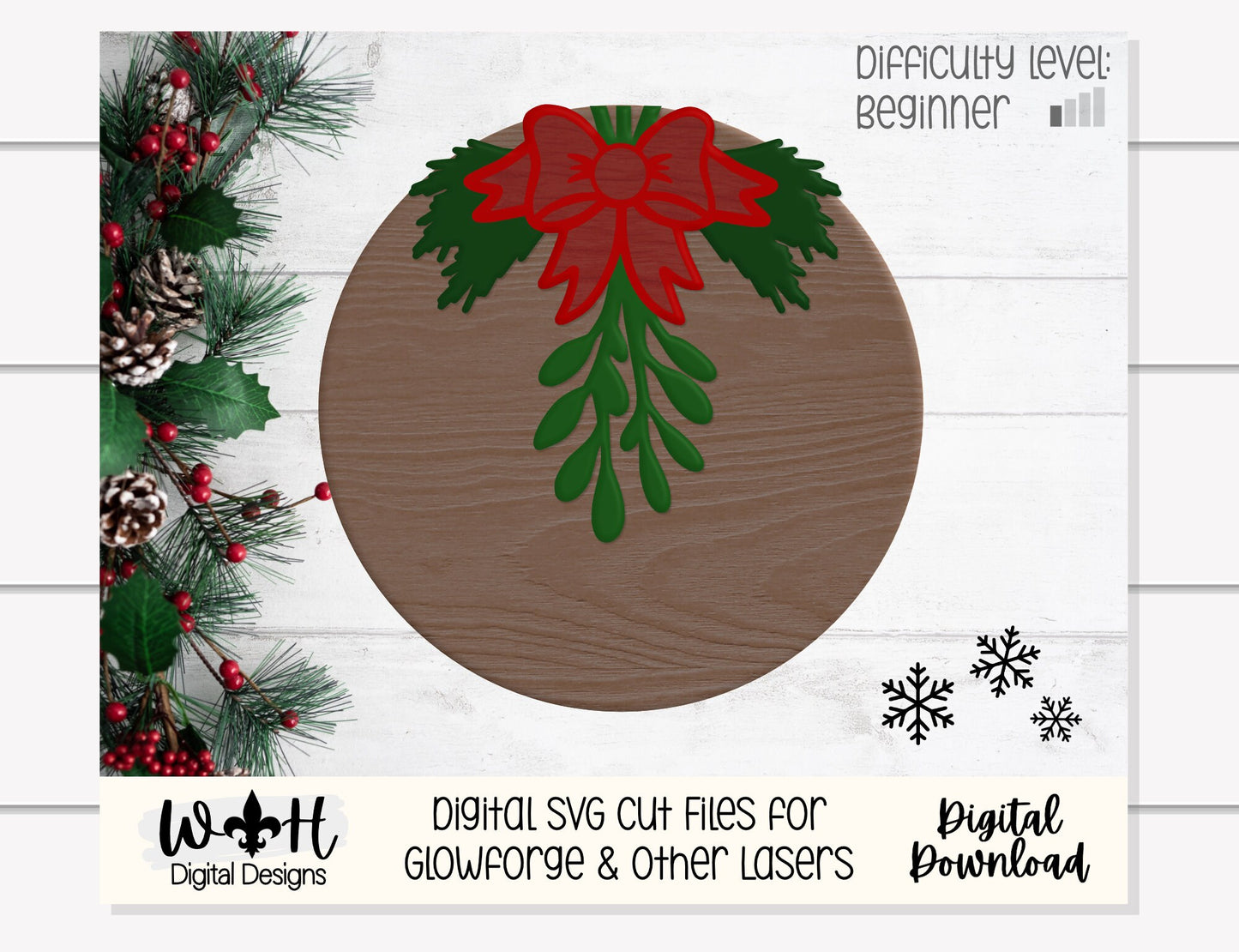 Meet Me Under The Mistletoe Christmas Round Sign - Sign Making and DIY Kits - Single Line Cut File For Glowforge Lasers - Digital SVG File