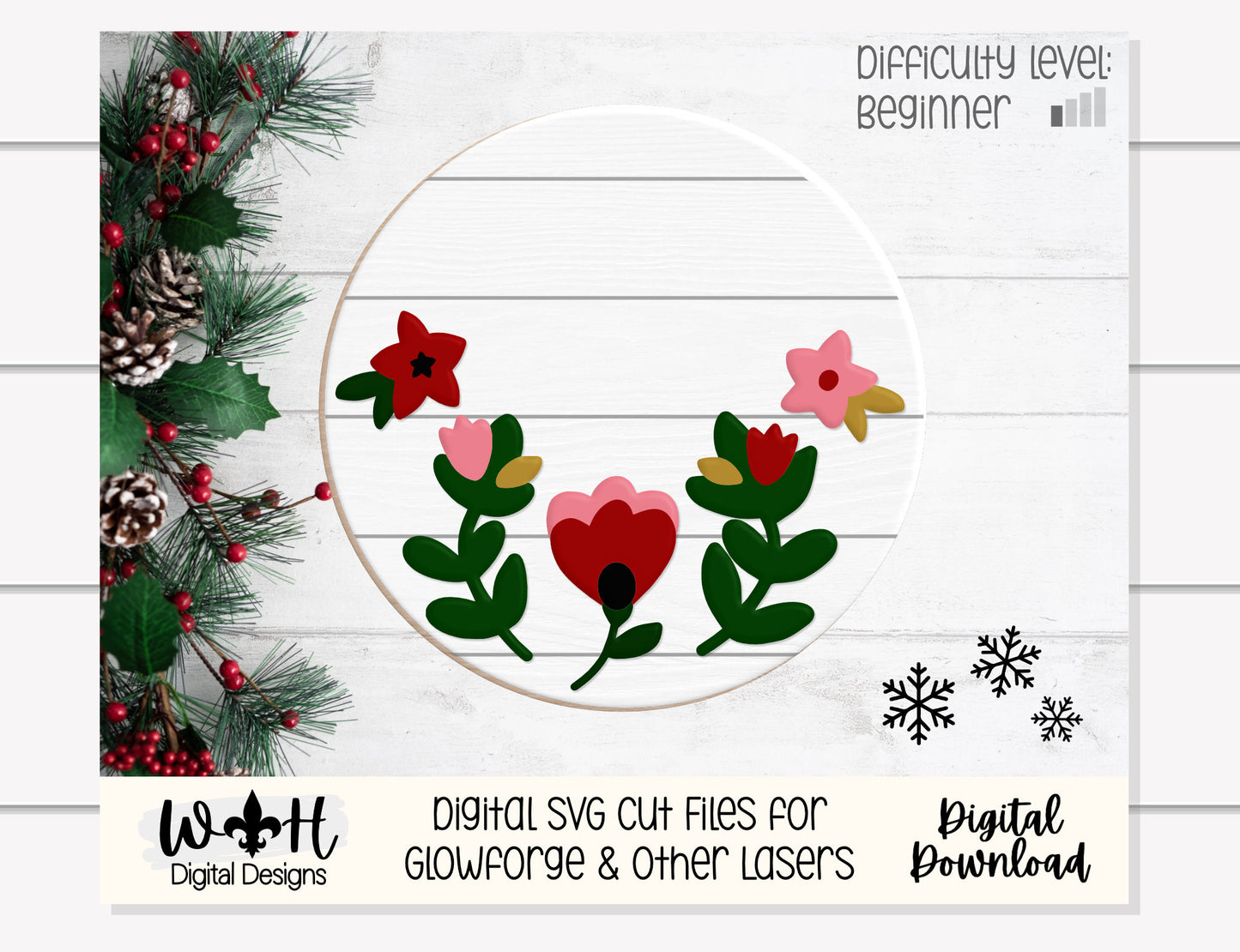 Christmas Poinsettia Blooms Floral Round - Seasonal Sign Making and DIY Kits - Single Line Cut File For Glowforge Lasers - Digital SVG File