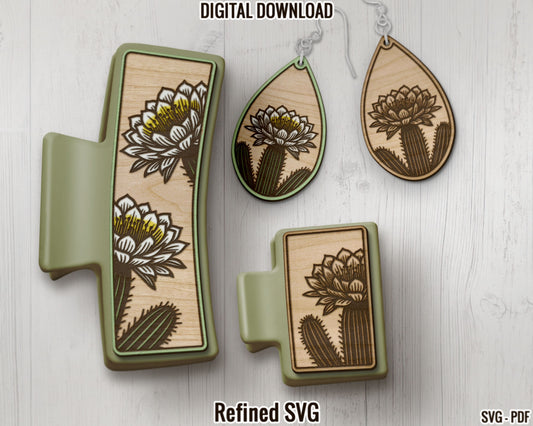 Cactus Hair Clips SVG File, Matching Cactus Earring File Set, Saguaro Cactus Claw Clip SVG, Hair Clip Laser File, Cactus Hair Claw Template