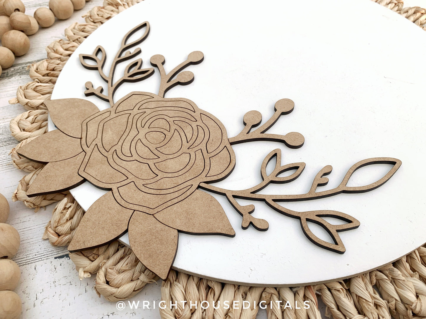 Minimal Rose and Greenery Door Hanger - Spring Floral Sign Making and DIY Kits - Single Line Cut File For Glowforge Laser - Digital SVG File