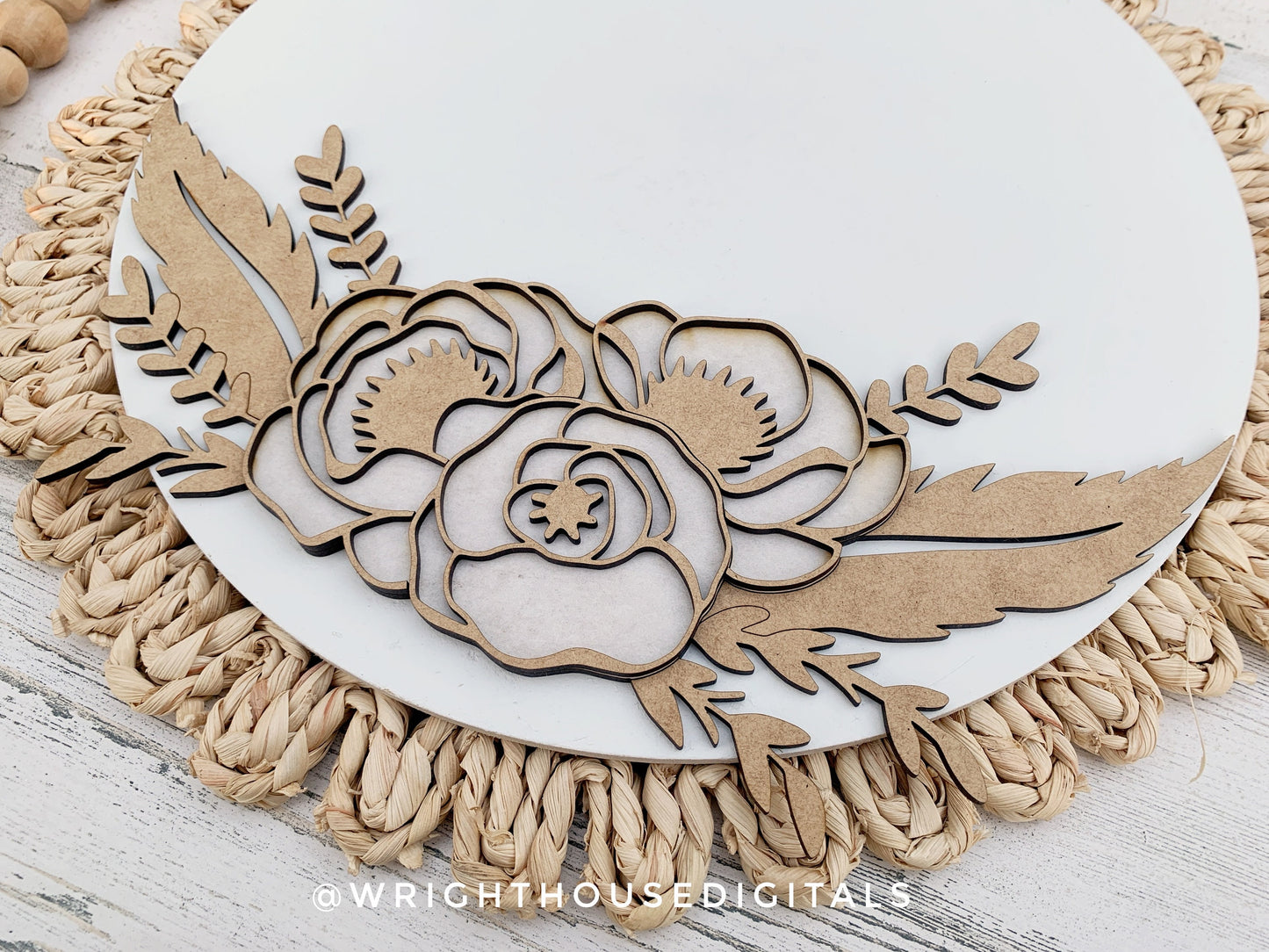 Feathers and Flowers Farmhouse Floral Round - Spring Sign Making and DIY Kits - Layered Cut File For Glowforge Laser - Digital SVG File