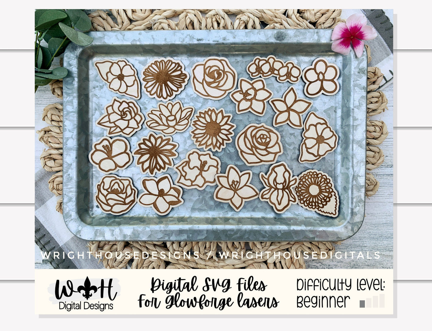 Flower Magnets Scrap Busters - Handdrawn Florals For Tiered Tray Decor and DIY Kits - Beginner File For Glowforge Laser - Digital SVG File