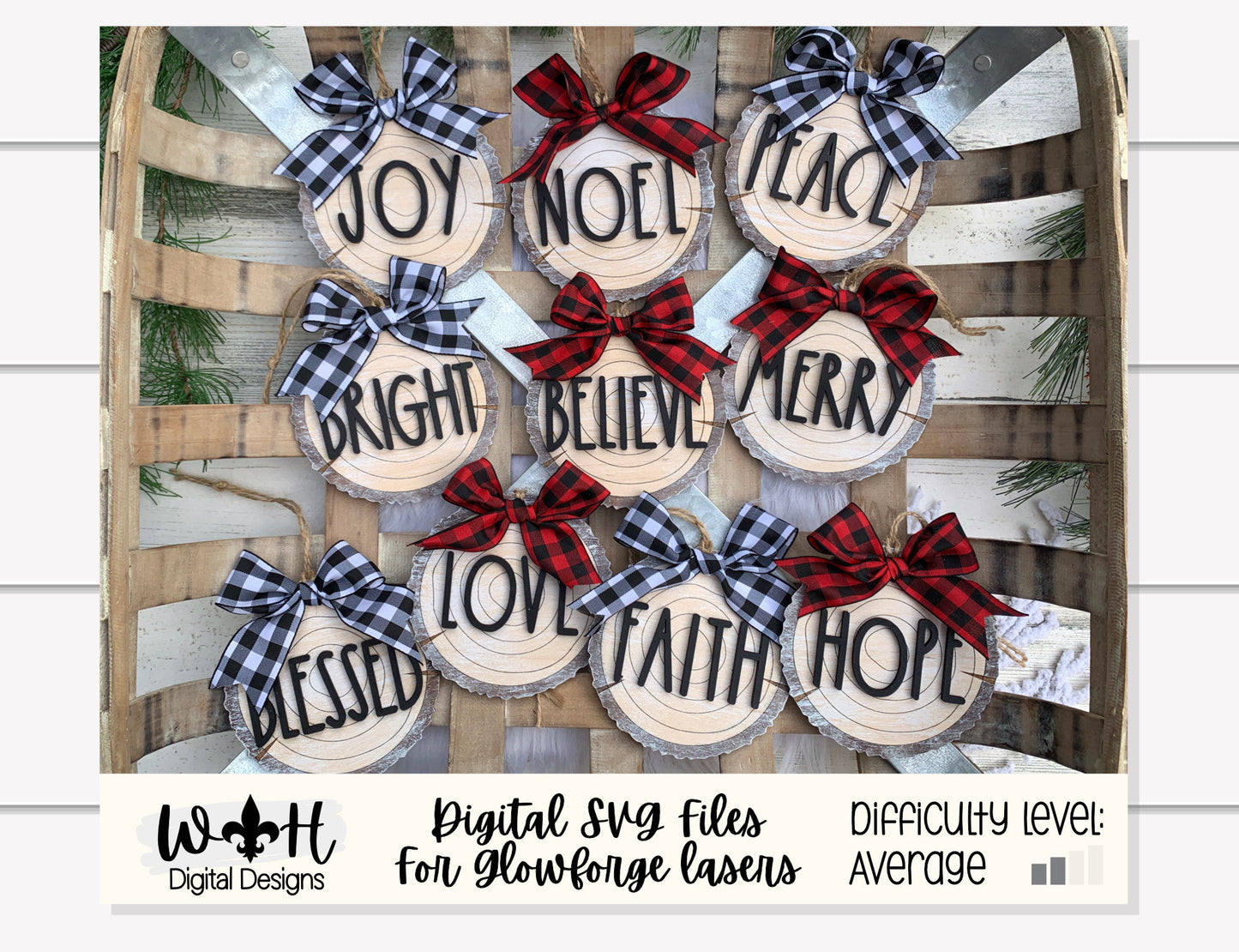 Dunn Rustic Farmhouse Christmas Wood Slice Ornament Bundle - Quick Cut and Score - Cut File For Glowforge Lasers - Digital SVG File