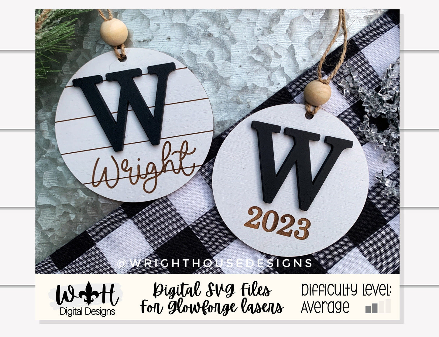 Personalized Initial and Year Christmas Ornaments - Engraved Personalizable Shiplap Ornaments - Cut File For Glowforge - Digital SVG File