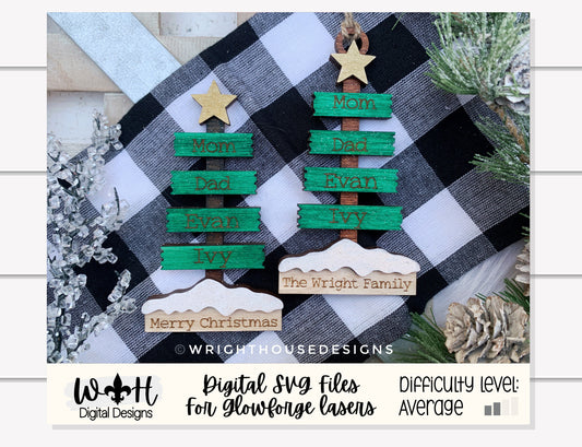 Christmas Plank Pine Tree Bundle - Personalizable Family Name Ornaments and Stocking Tags - Cut File For Glowforge Lasers - Digital SVG File