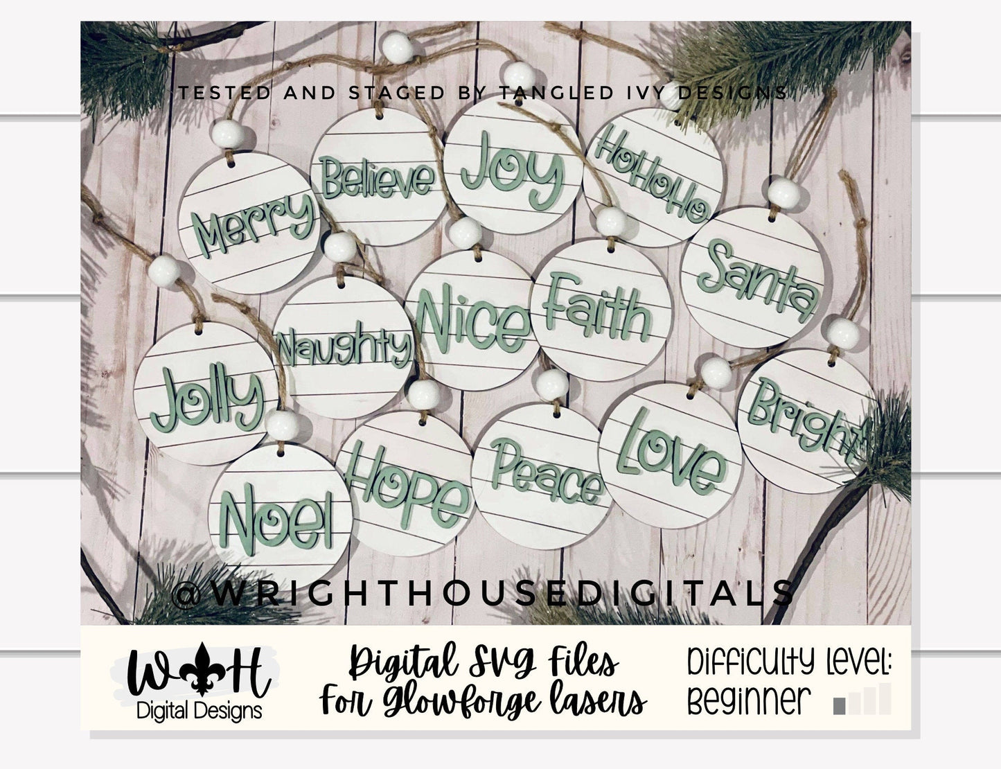 Farmhouse Style Shiplap Christmas Rounds Ornament Bundle - Choose A Welded Font - Quick Cut File For Glowforge Lasers - Digital SVG File