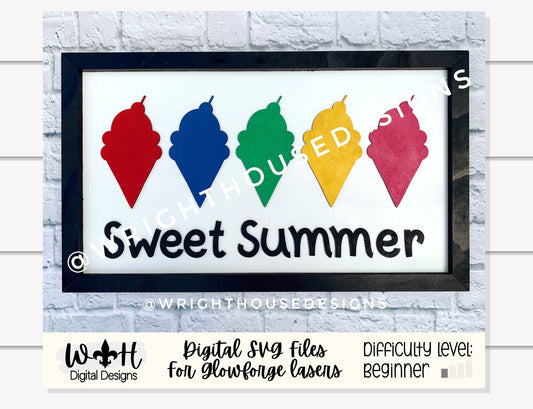 Sweet Summer Rainbow Ice Cream Cone Seasonal Frame Sign - Sign Making and DIY Kits - Cut File For Glowforge Lasers - Digital SVG File