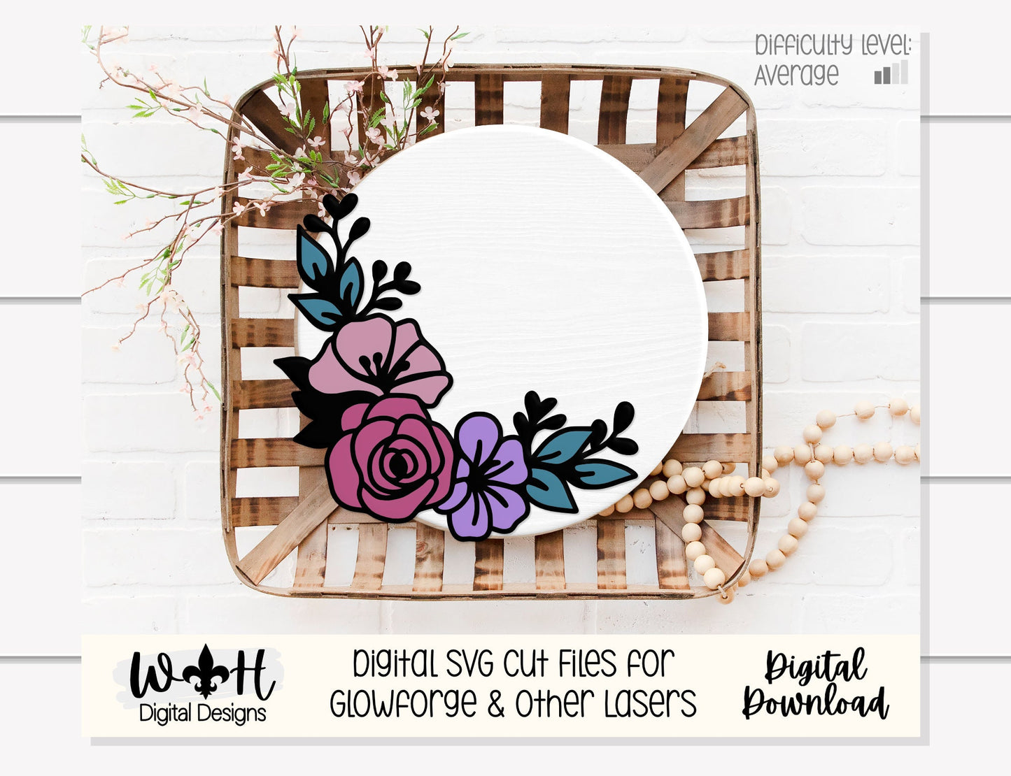 Lily and Sage Rose Outline Floral - Spring Door Hanger - Flowers For Sign Making and DIY Kits - Digital SVG Cut File For Glowforge Lasers