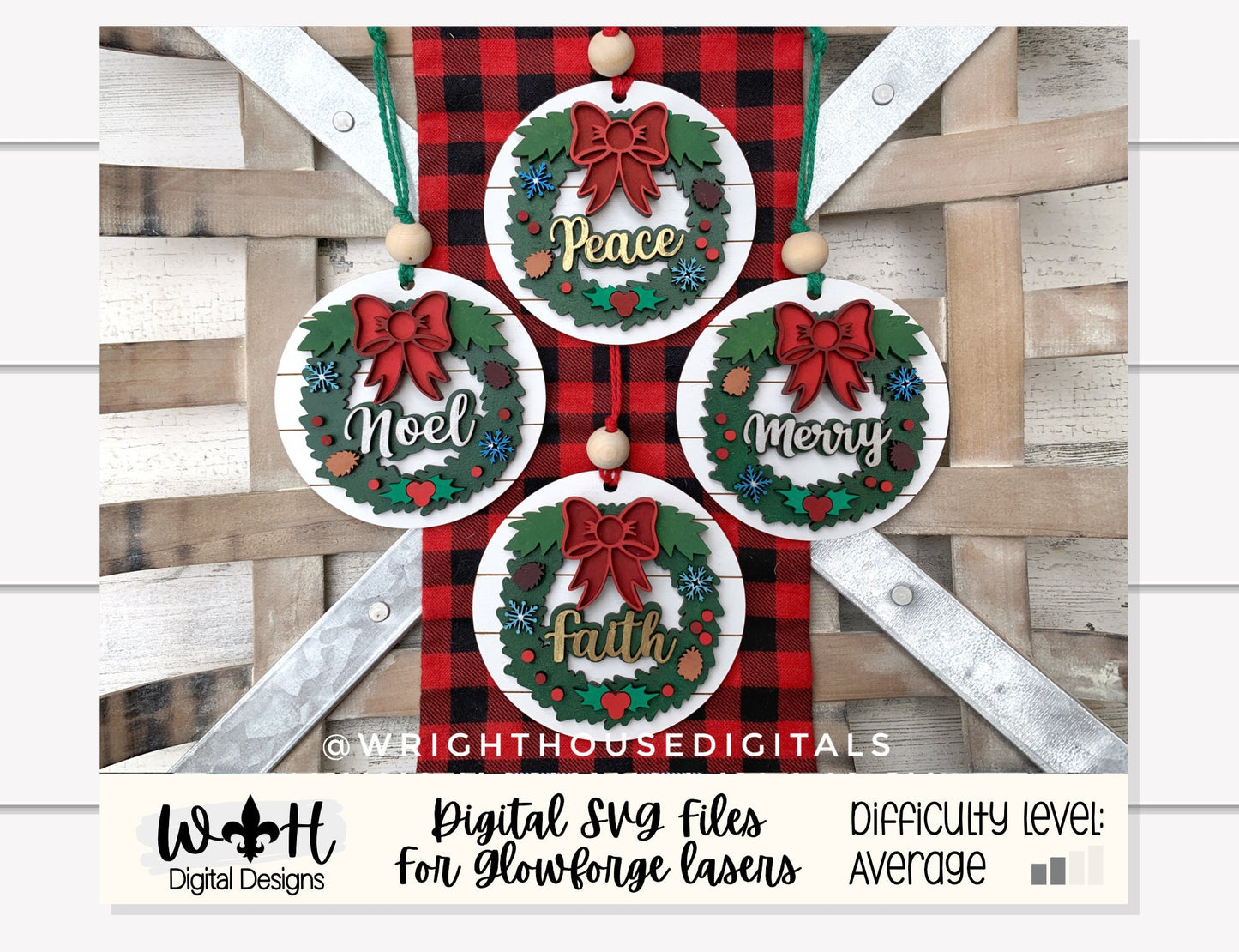 Layered Christmas Word Wreath Ornament Set - Faith Merry Peace Noel - Handdrawn Cut File For Glowforge Lasers - Digital SVG File