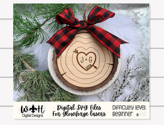 Carved Initial Wood Slice Rustic Christmas Ornaments - Score and Engraved Personalizable - Cut File For Glowforge Lasers - Digital SVG File