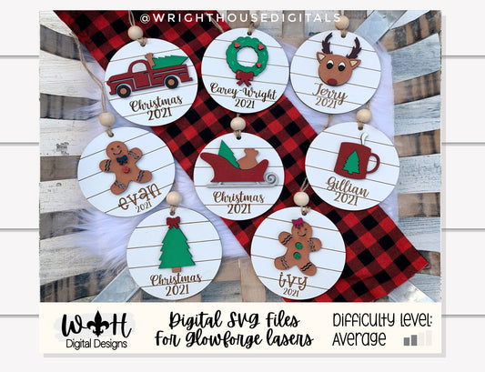 Holiday Icons Ornament Bundle - Personalizable Modern Farmhouse Christmas Ornaments - Cut File For Glowforge Lasers - Digital SVG File