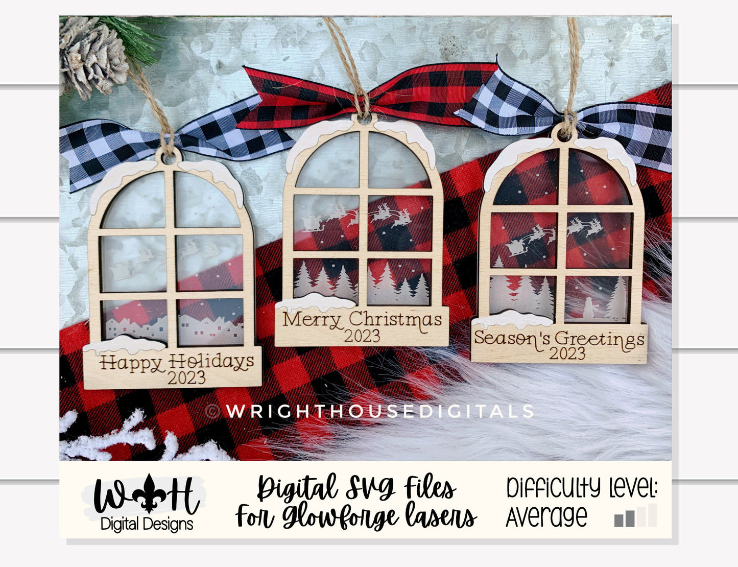 Santa's Sleigh Scene Layered Window Ornament Set - Engraved Personalized Christmas Ornaments - Cut File For Glowforge - Digital SVG File