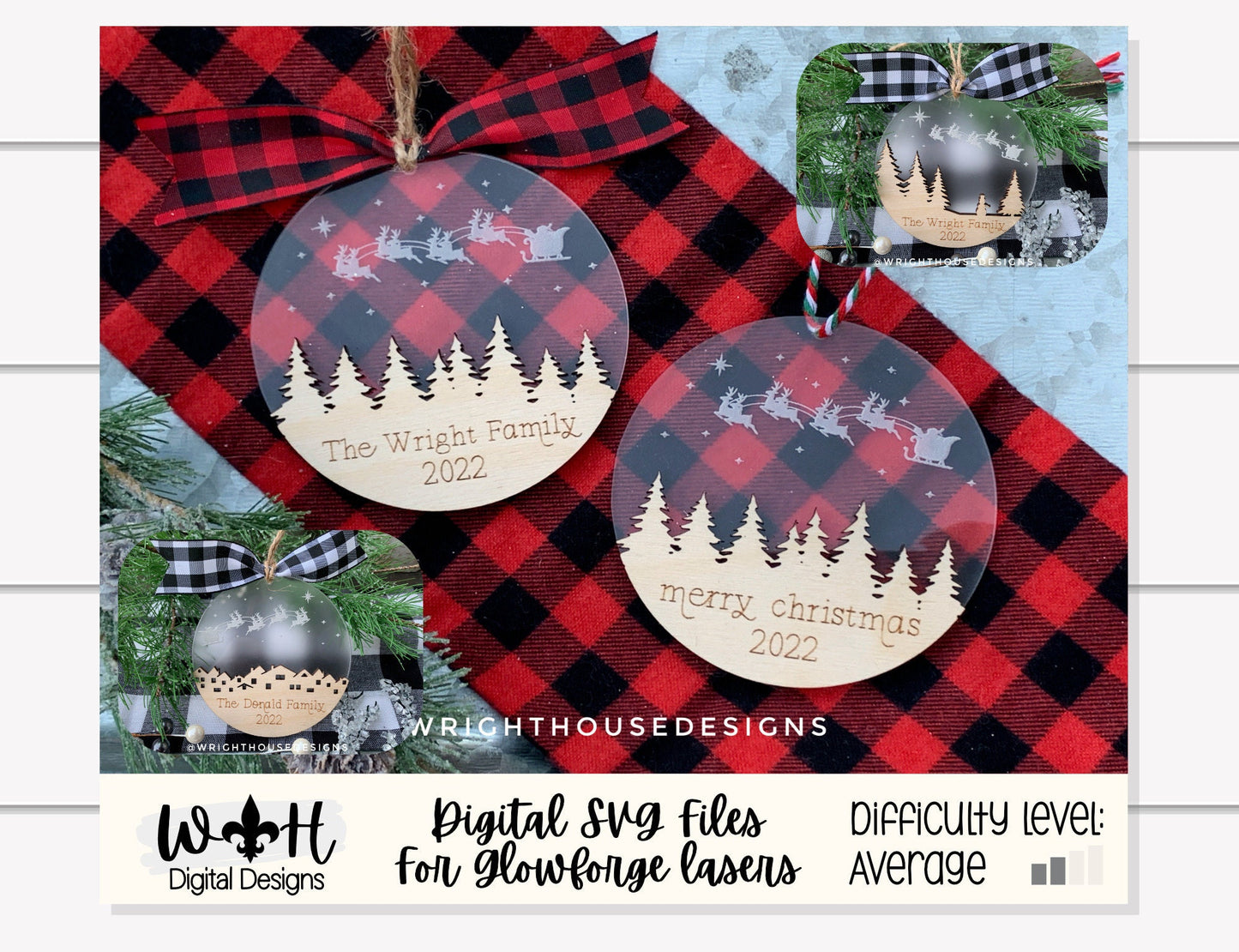 Santa's Sleigh Layered Christmas Ornament Set - Engraved Personalized Christmas Ornaments - Cut File For Glowforge Lasers - Digital SVG File