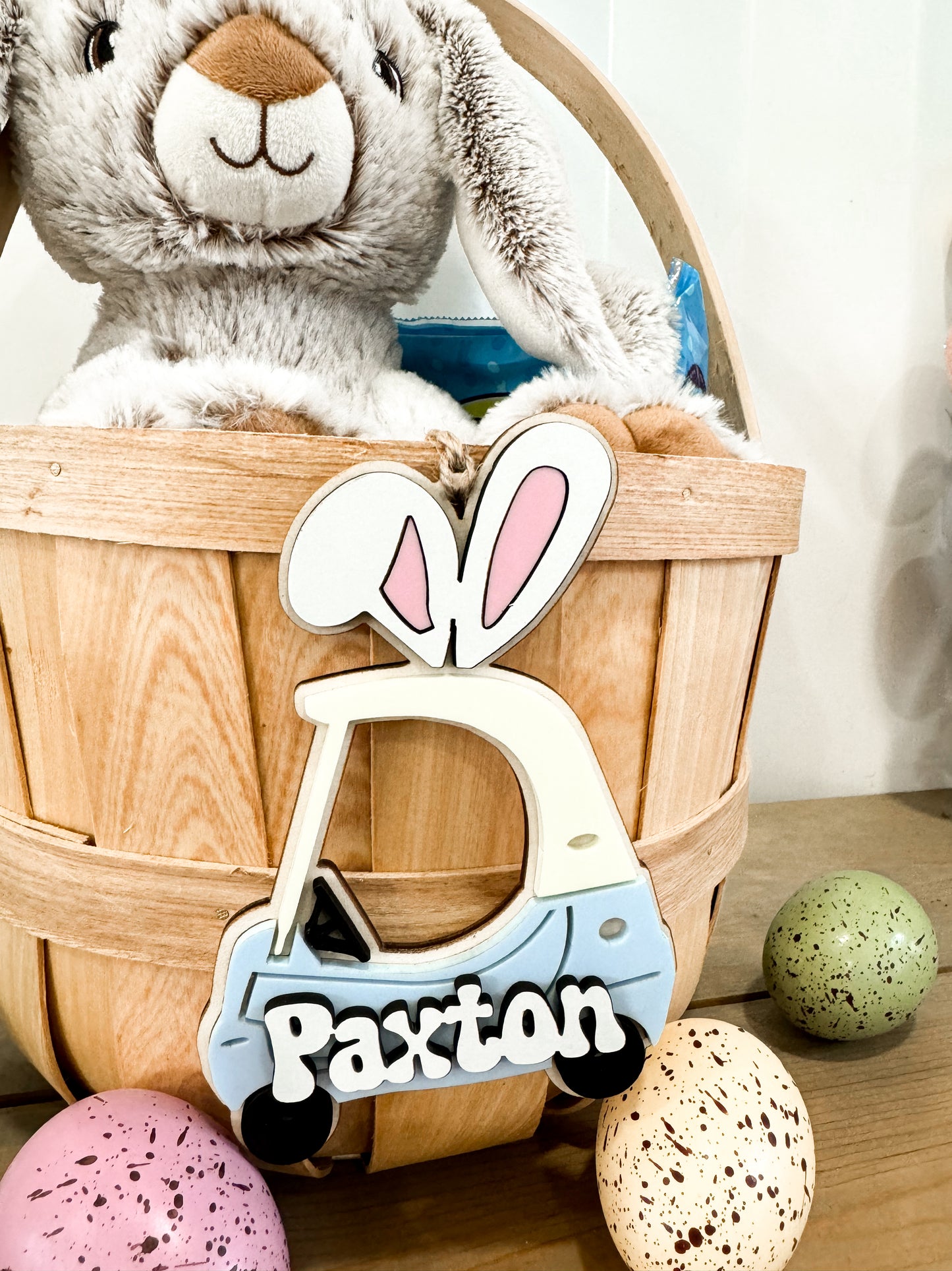 Cute Customizable Push Car With Bunny Ears Easter Basket Name Tag Laser Cut Digital File | Front & Side Views