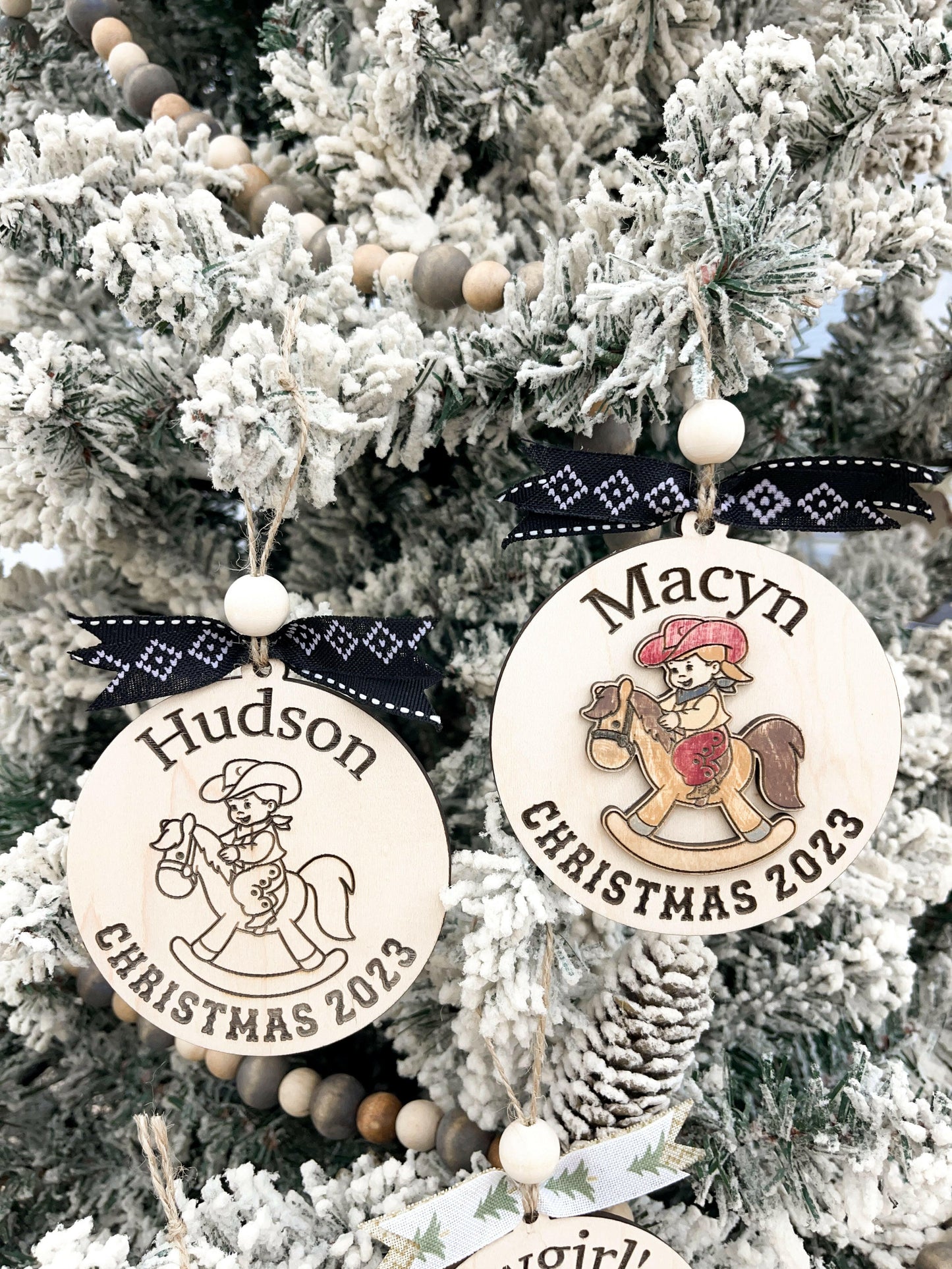 Cute Customizable Cowboy's - Cowgirl's First Christmas and Christmas 2023 Rocking Horse Christmas Ornament Digital File | Cute Western Ornament Laser Cut File