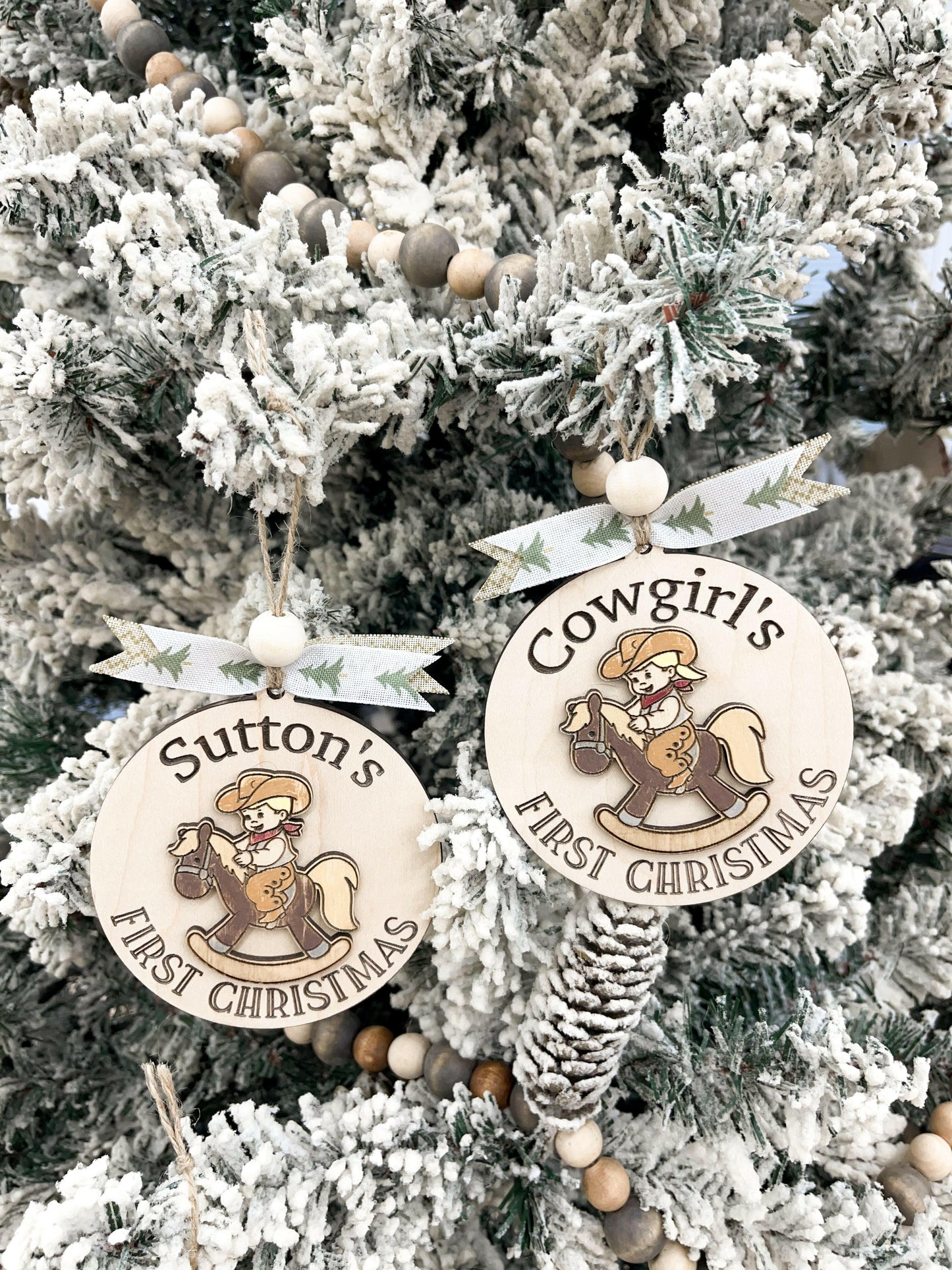 Cute Customizable Cowboy's - Cowgirl's First Christmas and Christmas 2023 Rocking Horse Christmas Ornament Digital File | Cute Western Ornament Laser Cut File