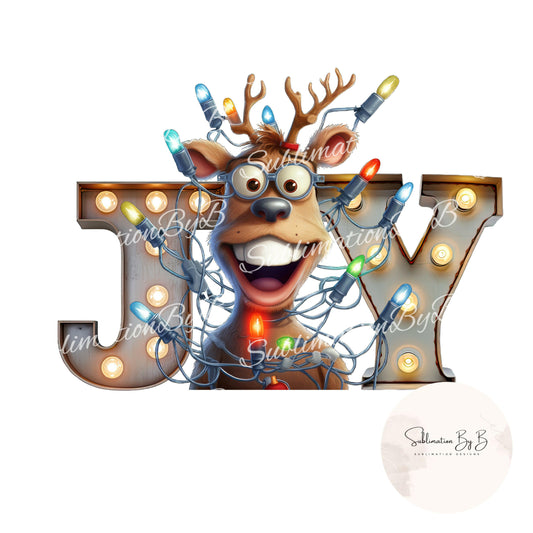 Joyful Reindeer Sublimation Design with Christmas Lights