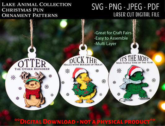 Laser Cut Digital File, Lake Critters Christmas Ornaments SVG, Glowforge, Funny Christmas Gift Ideas, Turtle, Otter, Duck, Secret Santa Gift