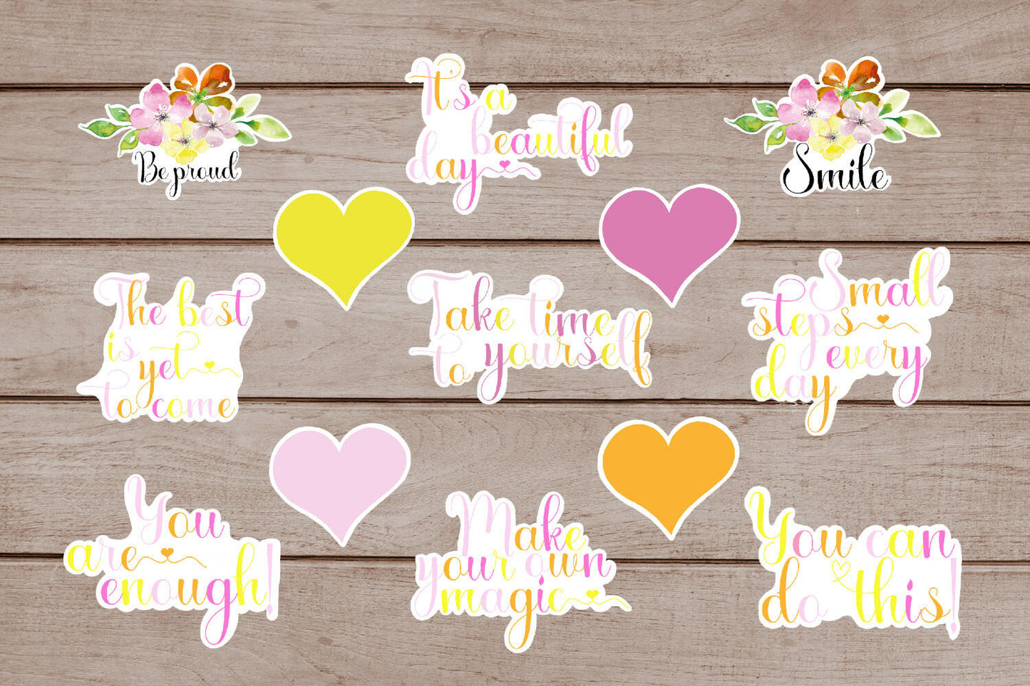 Inspirational and Motivational Stickers Bundle in Pink and  Yellow