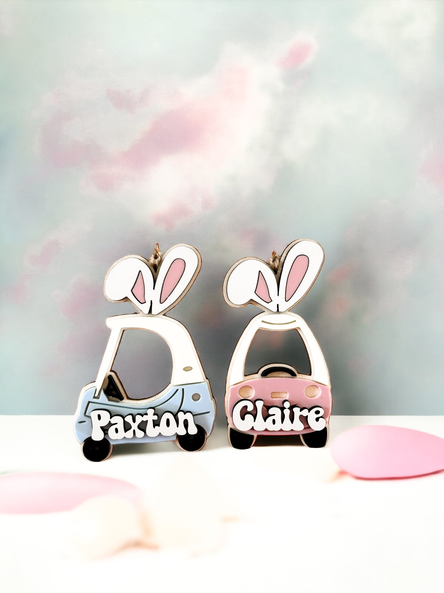 Cute Customizable Push Car With Bunny Ears Easter Basket Name Tag Laser Cut Digital File | Front & Side Views