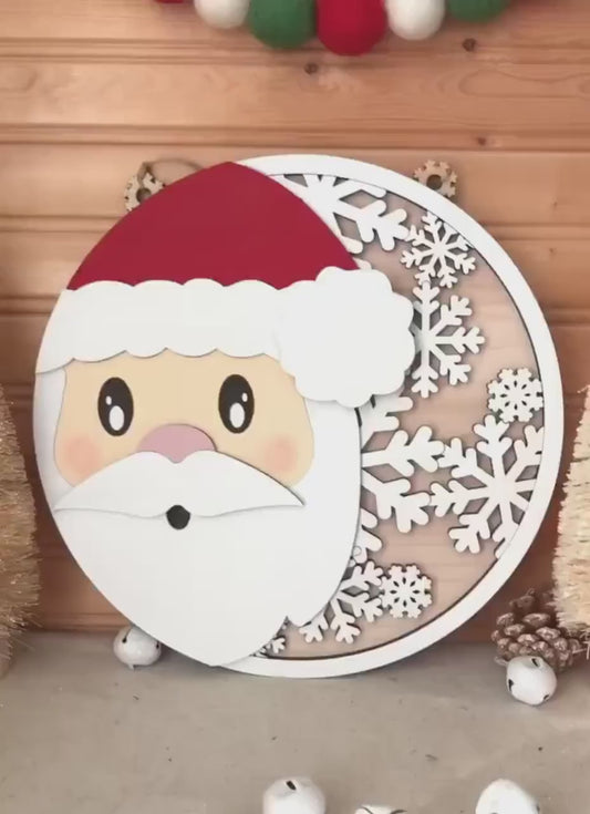 3D Santa Door Hanger / Sign w. Snowflake Pattern - Christmas Winter Homedecor