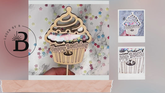 CupCake Shaker Cake Topper, Laser File - Adjustable Age, Reusable, Personalizable with Name