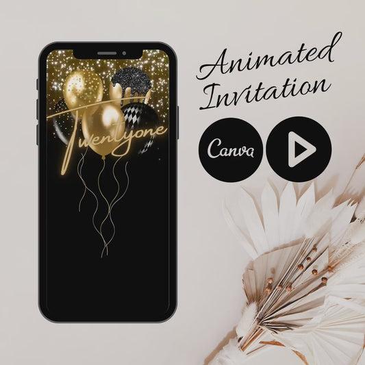 Cheers to 21 Years: Animated Black and Gold Balloon Birthday Party Invitation with Video Mobile Option and Canva Animation - B2000