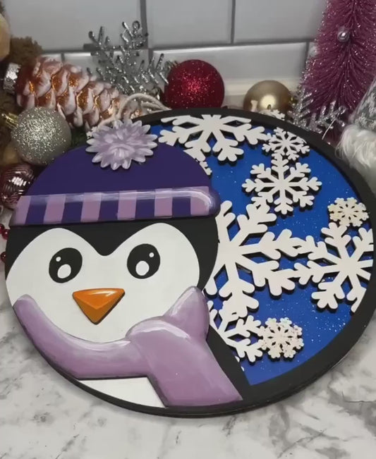 3D Penguin Door Hanger / Sign w. Snowflake Pattern - Christmas Winter Homedecor