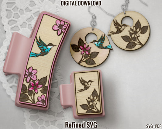 Hummingbird Hair Clips SVG File, Matching Hummingbird Earring File Set, Claw Clip SVG, Hair Clip Laser File, Hair Claw Template, Earring SVG