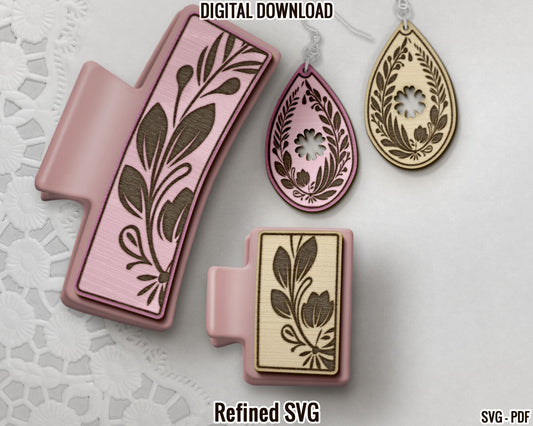 Flower Hair Clips, Flower Earring SVG File, Floral 2 Hair Clip Files, Flowers Earring SVG, Flowers Set of Claw Hair Clip Design