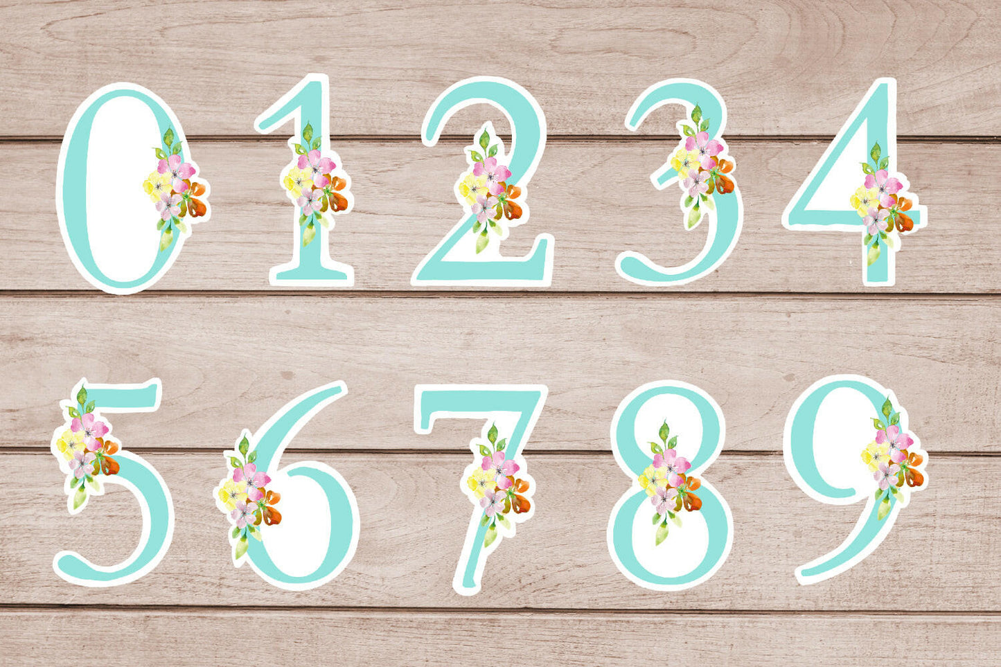 Number Stickers Teal Floral Numbers from 0 - 9 Printable